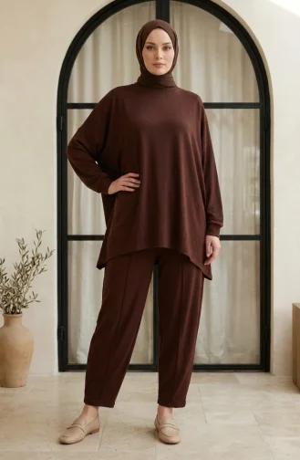 Sıfır Yaka Oversize Tunik Pantolon Tesettür ikili Takım 2320-02 Kahverengi