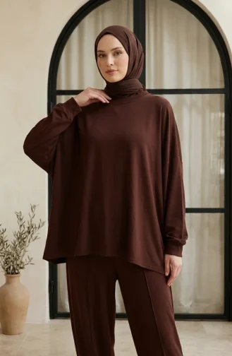 Sıfır Yaka Oversize Tunik Pantolon Tesettür ikili Takım 2320-02 Kahverengi
