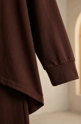 Sıfır Yaka Oversize Tunik Pantolon Tesettür ikili Takım 2320-02 Kahverengi