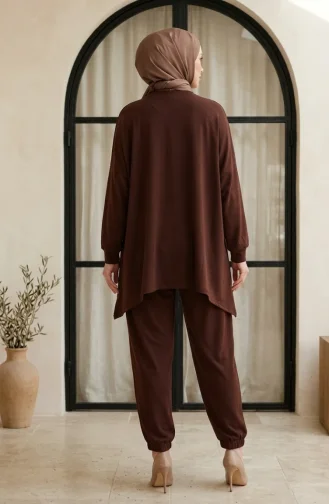 Sıfır Yaka Oversize Tunik Pantolon Tesettür ikili Takım 2320-02 Kahverengi