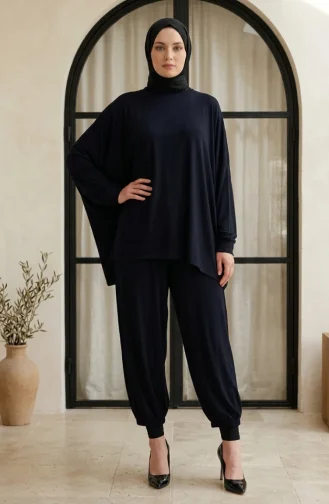 Sıfır Yaka Oversize Tunik Pantolon Tesettür ikili Takım 2320-03 Lacivert