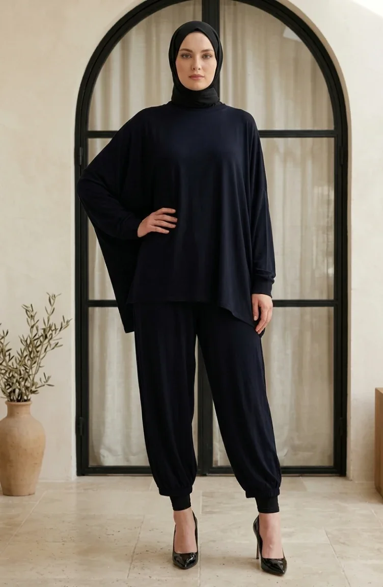 Sıfır Yaka Oversize Tunik Pantolon Tesettür ikili Takım 2320-03 Lacivert