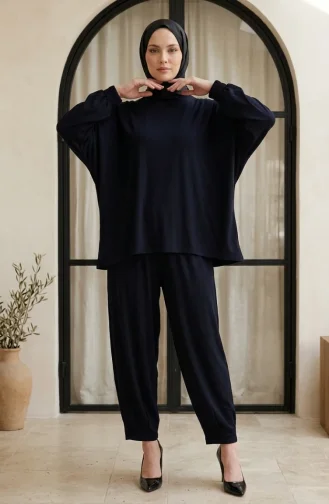 Sıfır Yaka Oversize Tunik Pantolon Tesettür ikili Takım 2320-03 Lacivert