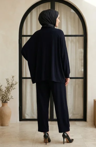 Sıfır Yaka Oversize Tunik Pantolon Tesettür ikili Takım 2320-03 Lacivert