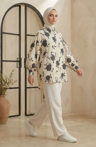 Balon Kol Oversize Desenli Asimetrik Tunik 0515-01 Ekru Gri