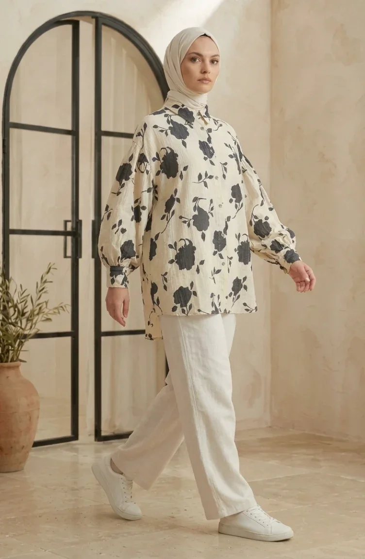 Balon Kol Oversize Desenli Asimetrik Tunik 0515-01 Ekru Gri