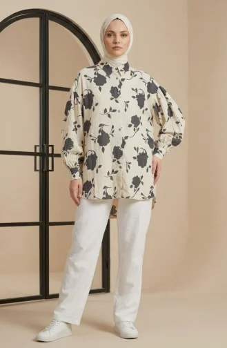 Balon Kol Oversize Desenli Asimetrik Tunik 0515-01 Ekru Gri