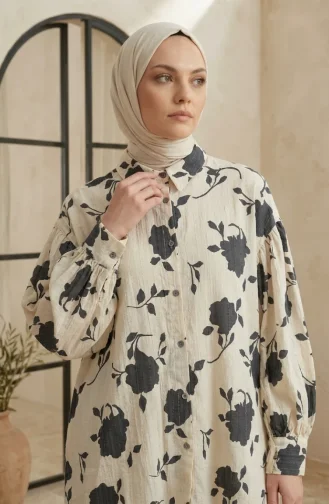 Balon Kol Oversize Desenli Asimetrik Tunik 0515-01 Ekru Gri