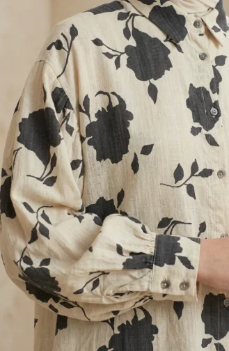 Balon Kol Oversize Desenli Asimetrik Tunik 0515-01 Ekru Gri