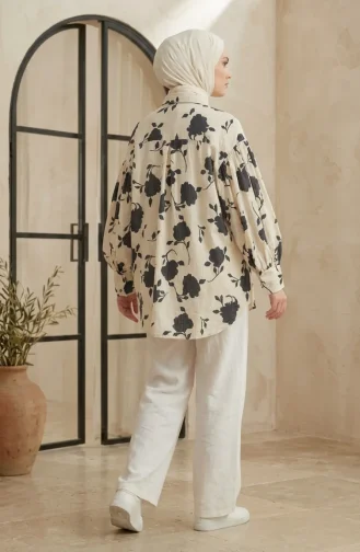 Balon Kol Oversize Desenli Asimetrik Tunik 0515-01 Ekru Gri