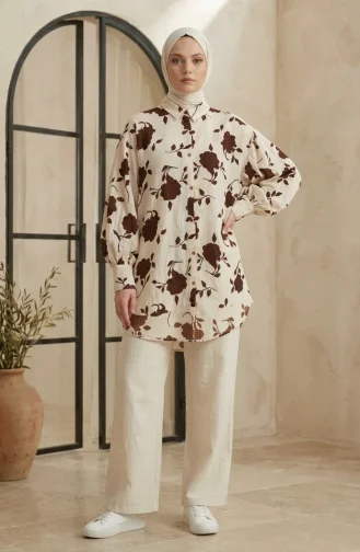 Balon Kol Oversize Desenli Asimetrik Tunik 0515-05 Bej Kahverengi