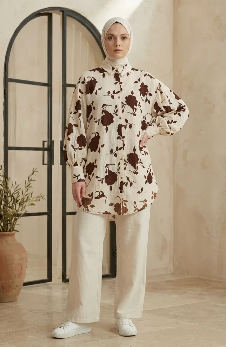 Balon Kol Oversize Desenli Asimetrik Tunik 0515-05 Bej Kahverengi
