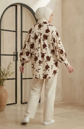 Balon Kol Oversize Desenli Asimetrik Tunik 0515-05 Bej Kahverengi