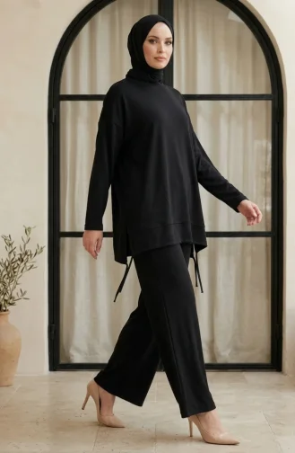 Oysho Kumaş Rahat Kesim Tunik Pantolon Tesettür ikili Takım 2321-02 Siyah