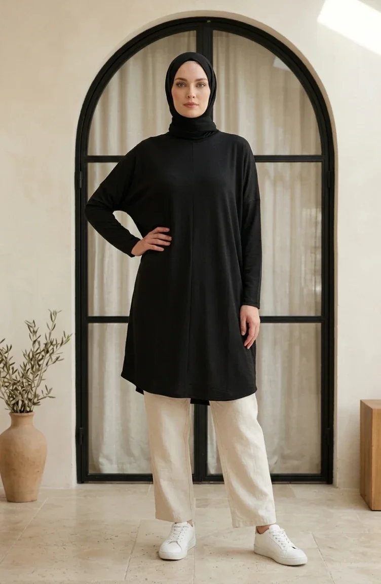Tunique Simple Coupe Décontractée Opaque Grande Taille 8784A-01 Noire 8784A-01