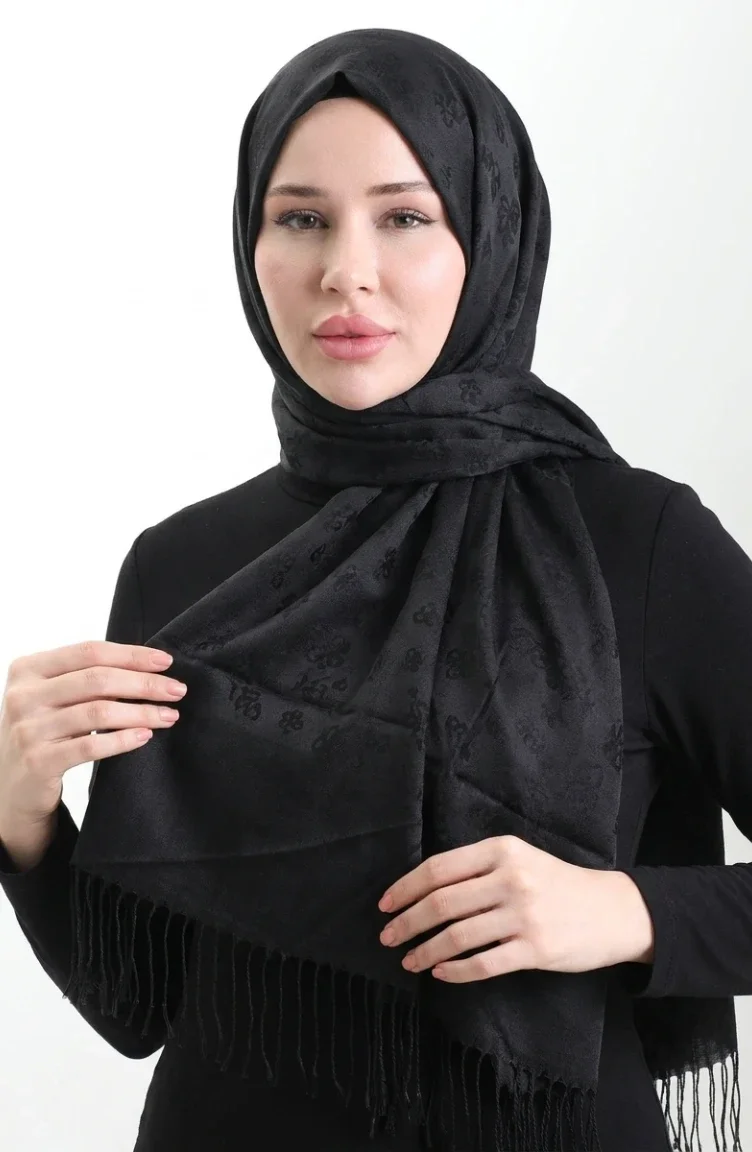 شال كشمير مزين بشرابات 70366-01 أسود 70366-01