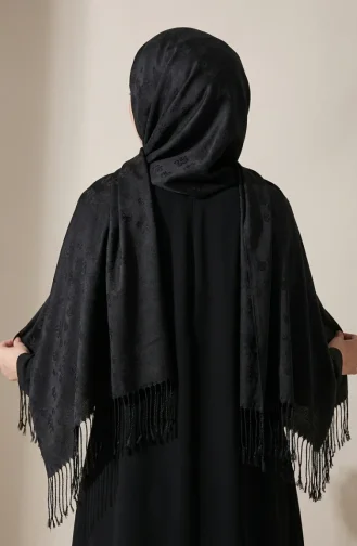 شال كشمير مزين بشرابات 70366-01 أسود 70366-01