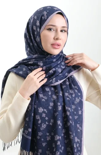 شال من الكشمير المهدب 70366-02 أزرق داكن 70366-02