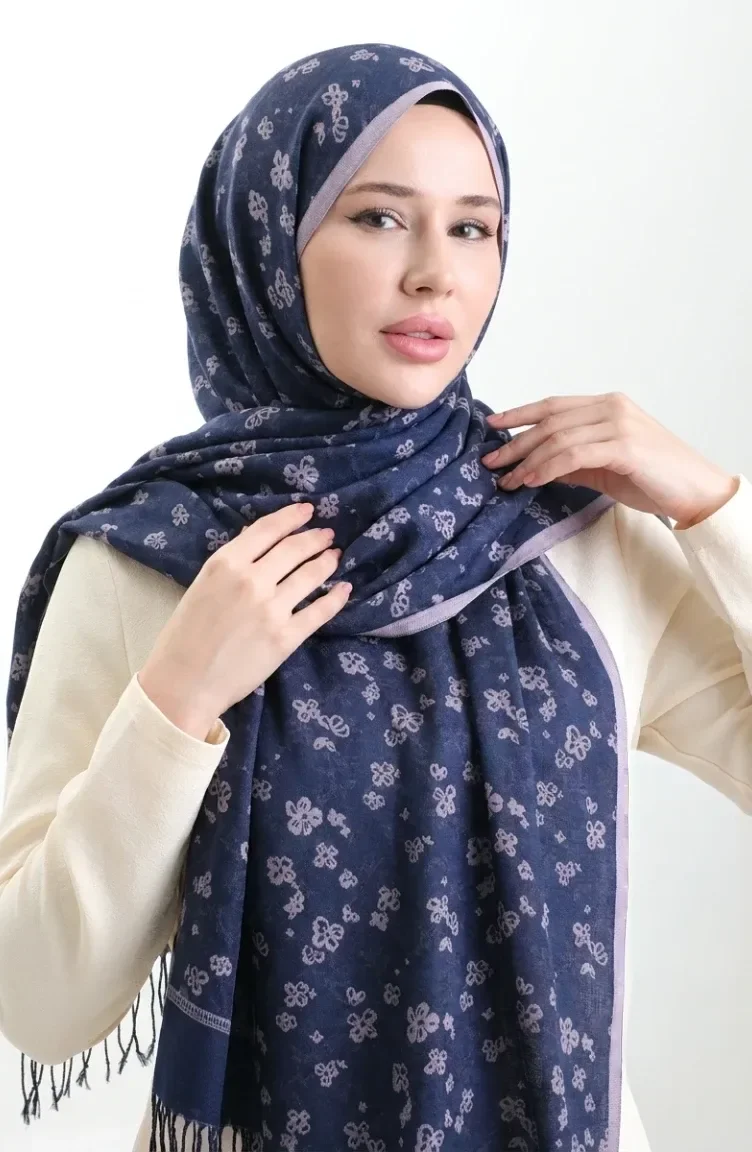 شال من الكشمير المهدب 70366-02 أزرق داكن 70366-02