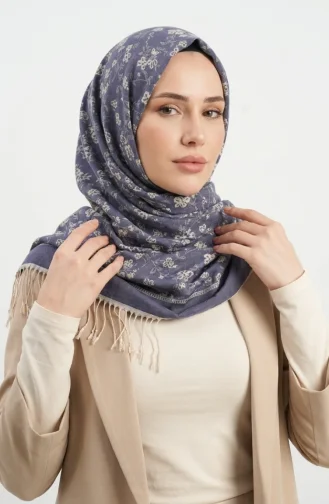 وشاح من الكشمير مزين بشرابات 70366-03 أزرق جينز 70366-03
