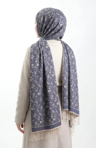 وشاح من الكشمير مزين بشرابات 70366-03 أزرق جينز 70366-03