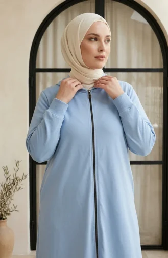 Büyük Beden Kapüşonlu İki İplik Fermuarlı Tunik 30610-01 Bebek Mavisi