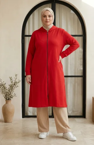Tunique à Capuche Grande Taille Avec Fermeture éclair à Deux Fils 30610-02 Rouge 30610-02