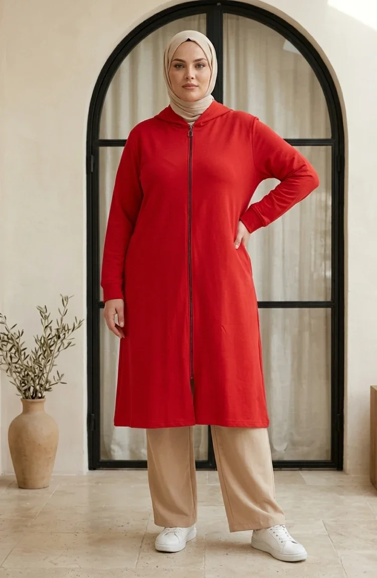 Tunique à Capuche Grande Taille Avec Fermeture éclair à Deux Fils 30610-02 Rouge 30610-02