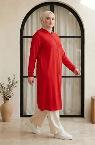 Tunique à Capuche Grande Taille Avec Fermeture éclair à Deux Fils 30610-02 Rouge 30610-02