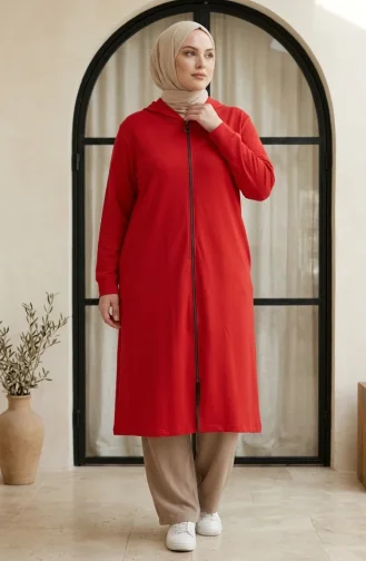 Tunique à Capuche Grande Taille Avec Fermeture éclair à Deux Fils 30610-02 Rouge 30610-02