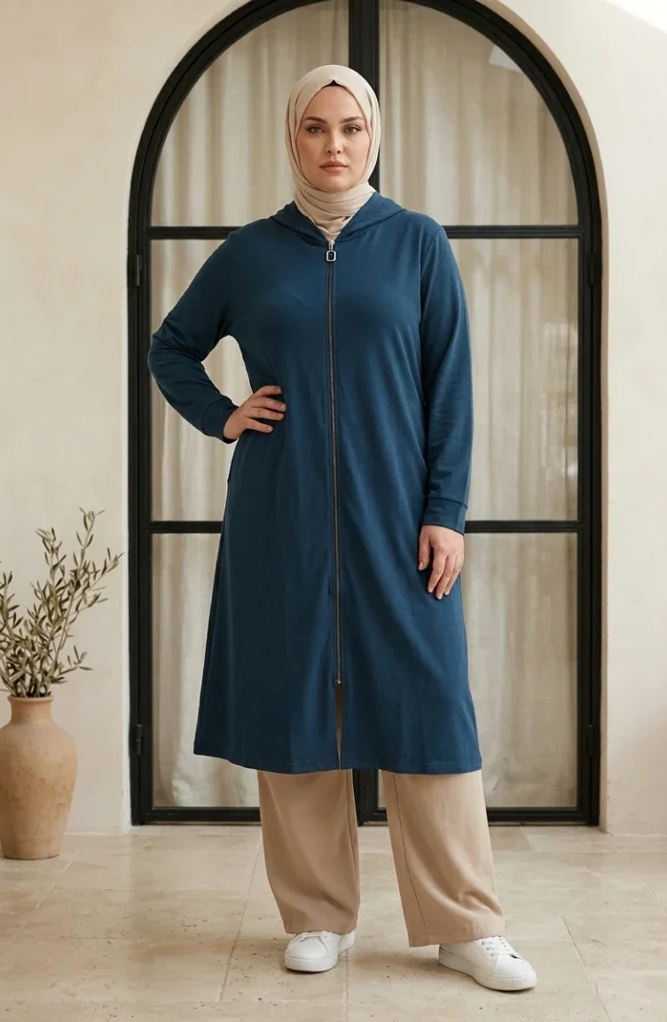 Tunique Grande Taille à Capuche Et Fermeture éclair Double Fil 30610-04 Pétrole 30610-04