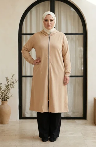 تونيك بغطاء رأس وسحاب مزدوج بمقاسات كبيرة، بيج، رقم الموديل 30610-07 30610-07