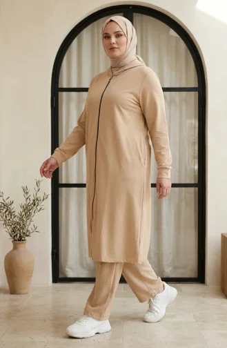 تونيك بغطاء رأس وسحاب مزدوج بمقاسات كبيرة، بيج، رقم الموديل 30610-07 30610-07