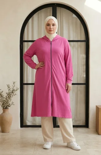 Büyük Beden Kapüşonlu İki İplik Fermuarlı Tunik 30610-09 Pembe