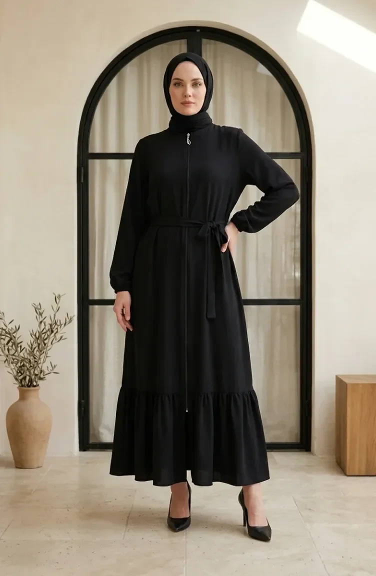 Abaya à Jupe Volantée En Tissu Nid D`abeille Fermeture éclair Modèle 4156-01 Noir 4156-01
