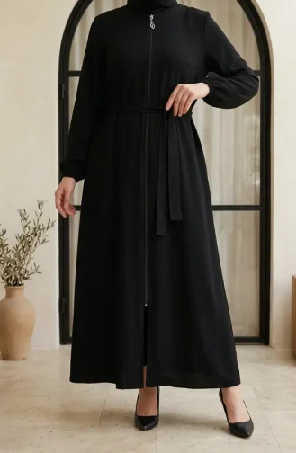 Abaya à Jupe Volantée En Tissu Nid D`abeille Fermeture éclair Modèle 4156-01 Noir 4156-01