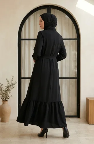 Abaya à Jupe Volantée En Tissu Nid D`abeille Fermeture éclair Modèle 4156-01 Noir 4156-01