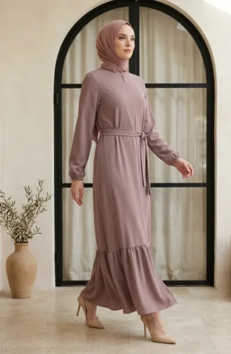 Abaya à Jupe à Volants En Tissu Nid D`abeille Et Fermeture éclair 4156-06 Vison 4156-06
