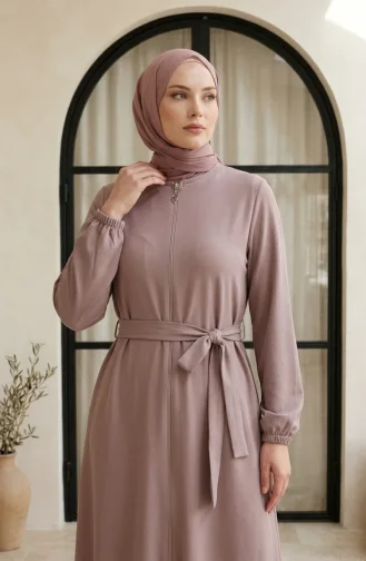 Abaya à Jupe à Volants En Tissu Nid D`abeille Et Fermeture éclair 4156-06 Vison 4156-06