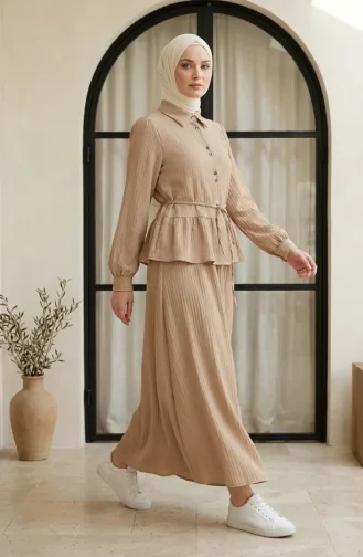 Fırfırlı Pamela Tesettür ikili Takım 2322-01 Bej