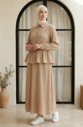 Fırfırlı Pamela Tesettür ikili Takım 2322-01 Bej
