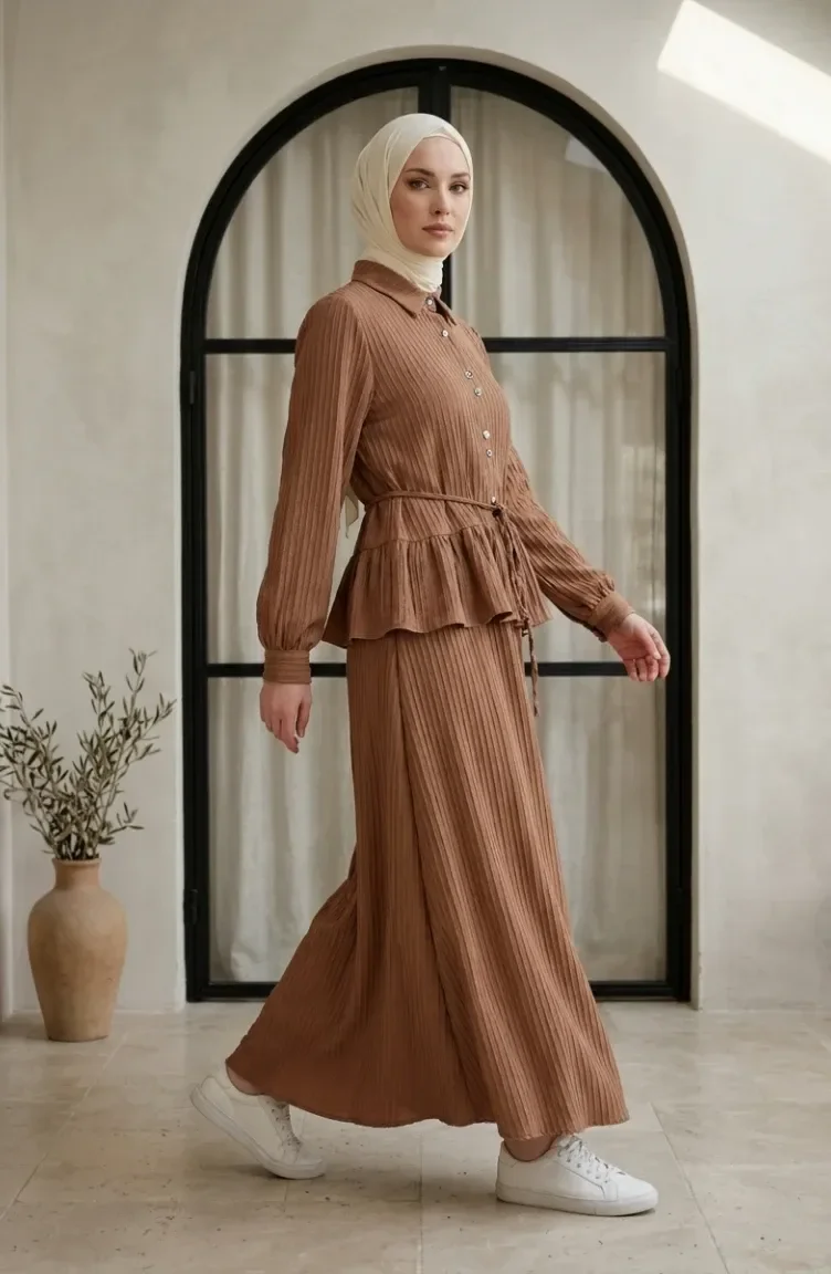 Pamela Ruffled Hijab Two-Piece Set 2322-02 Milk Coffee 2322-02