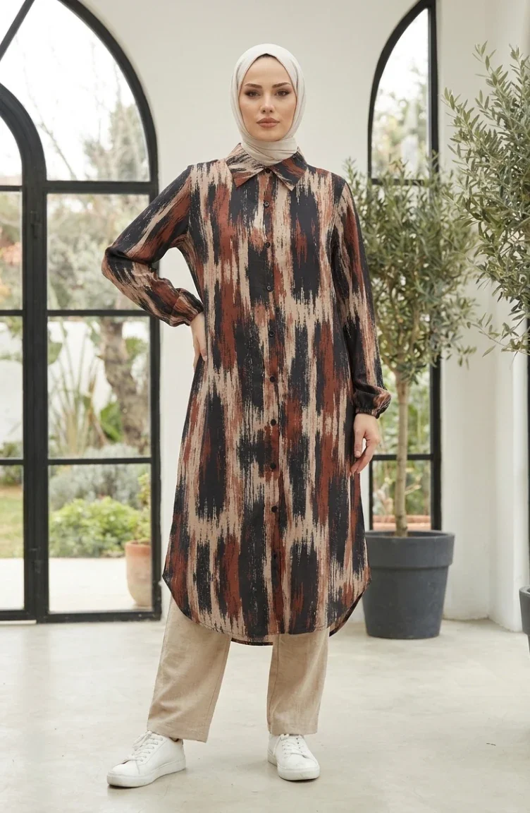 Chemise à Col Imprimé Numérique Tunique 0402-01 Marron 0402-01