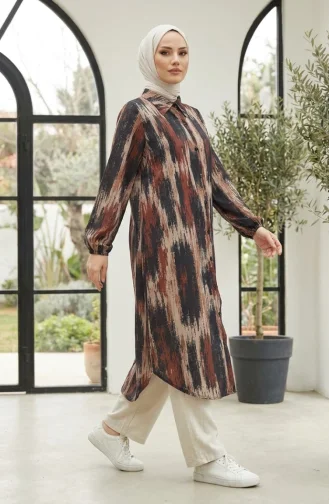 Chemise à Col Imprimé Numérique Tunique 0402-01 Marron 0402-01