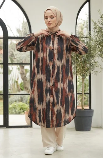 Chemise à Col Imprimé Numérique Tunique 0402-01 Marron 0402-01