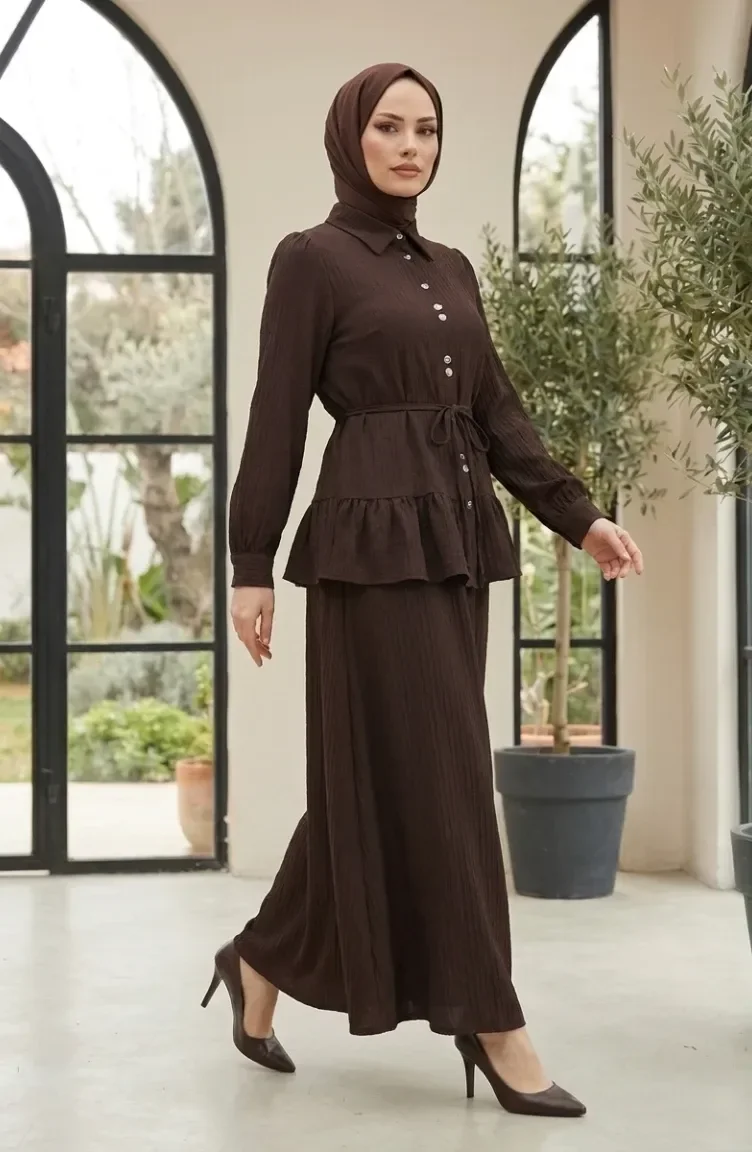 Fırfırlı Pamela Tesettür ikili Takım 2322-05 Kahverengi
