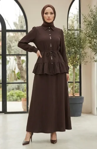 Fırfırlı Pamela Tesettür ikili Takım 2322-05 Kahverengi