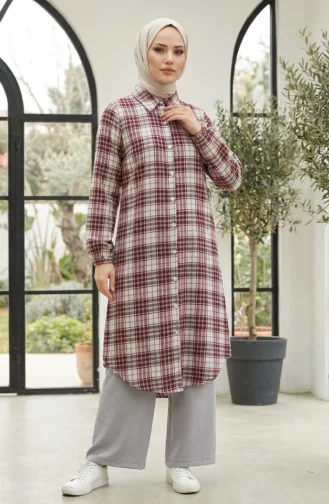 Geruite Tuniek Met Wollen Look En Knoopsluiting 0399-04 Bordeauxrood 0399-04