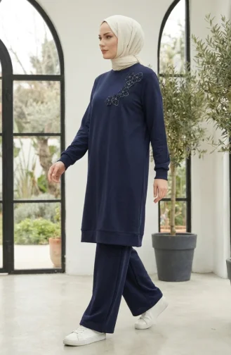 Ensemble Hijab Deux Pièces En Tissu Oysho Brodé De Fleurs Bleu Marine 0400-01 0400-01