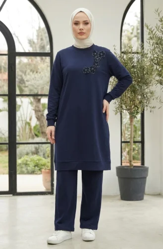 Ensemble Hijab Deux Pièces En Tissu Oysho Brodé De Fleurs Bleu Marine 0400-01 0400-01
